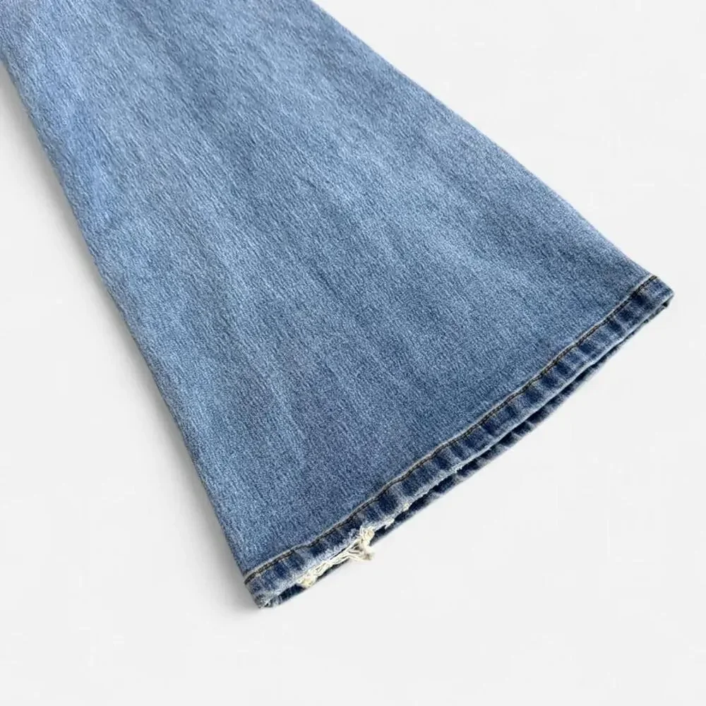 Free People Light Blue Washed Stretchy Denim Distressed High Rise Flare Jeans 28